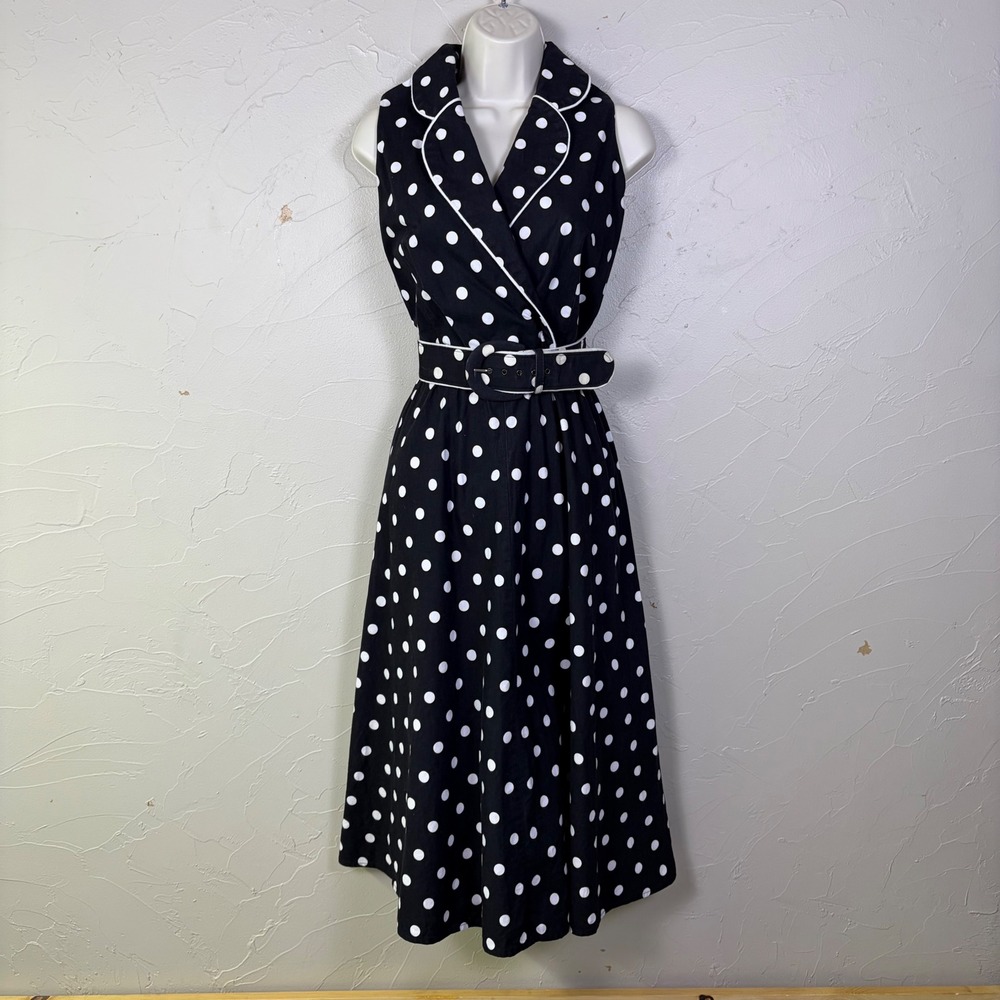 Vintage 80s Chelsea Jones Polka Dot Dress Belted Fit Flare Made USA Size 8